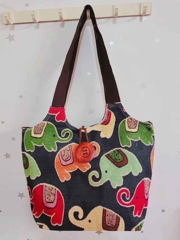 Women’s Large Canvas Elephant Ethnic Style Square Zipper Shoulder Bag