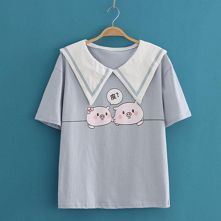 Piggy Print Navy Collar T-Shirt - Modakawa Modakawa