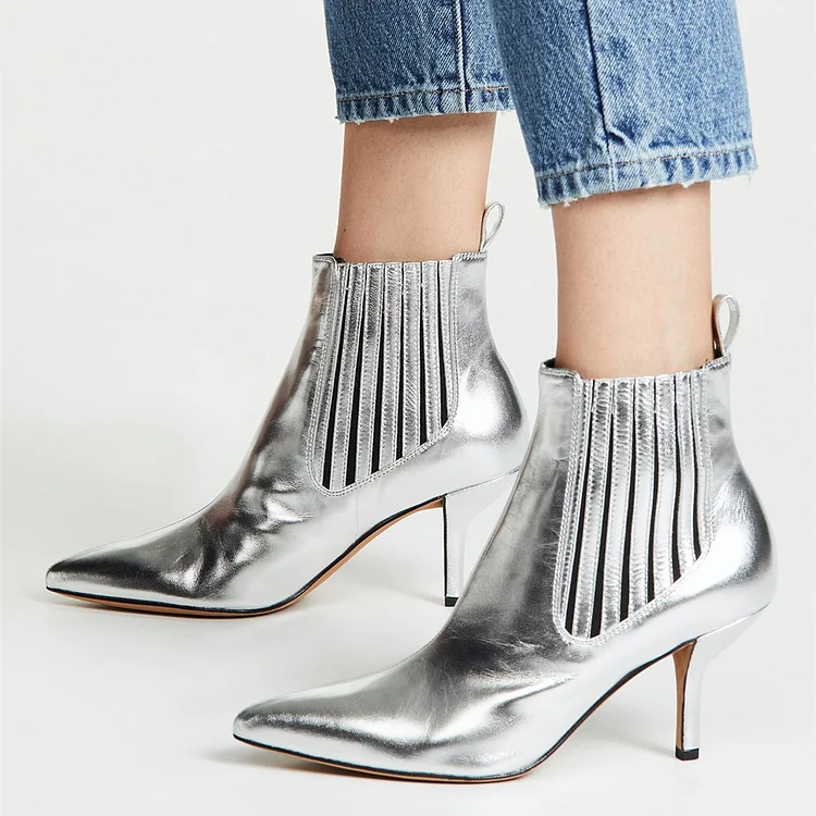 Silver Pointy Toe Kitten Heel Ankle Boots |FSJ Shoes