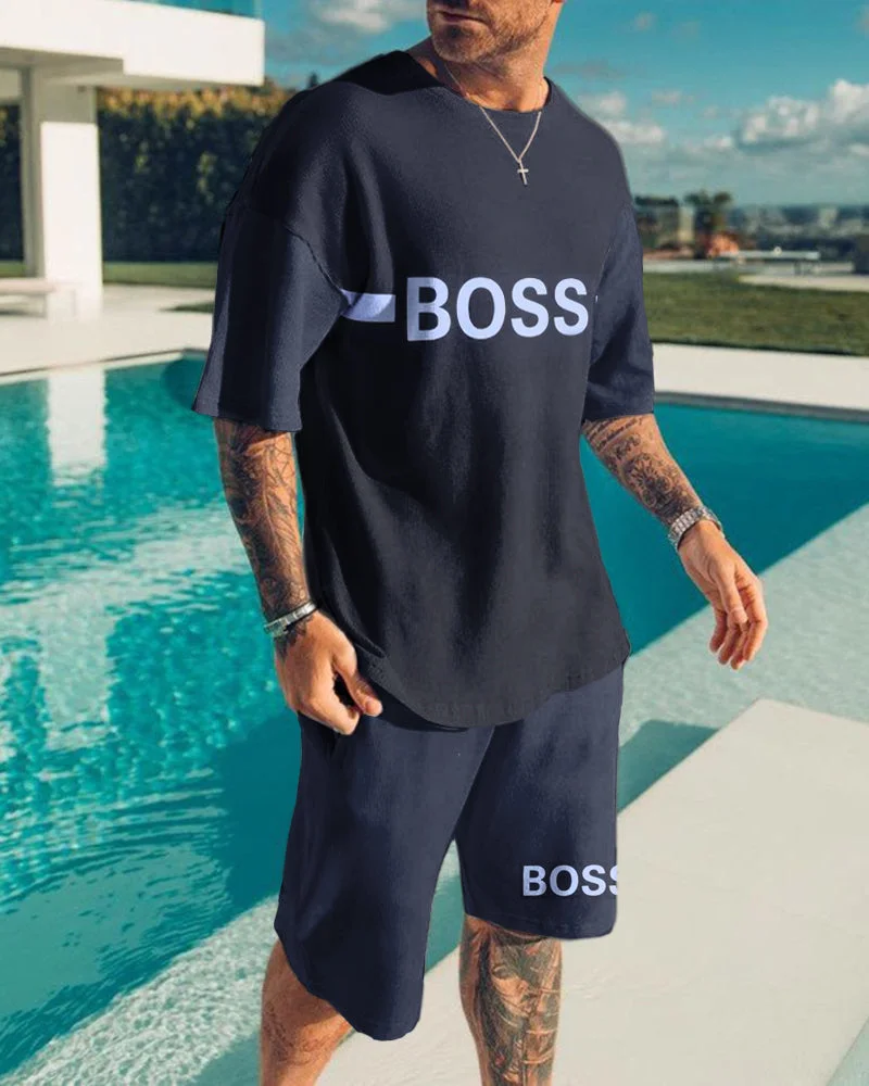 Men's Casual Alphabet Print Short Sleeve Suits
