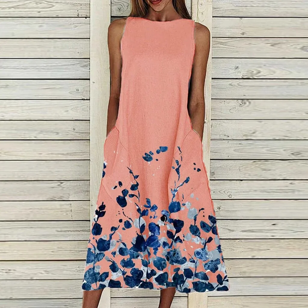 2021 Spring Summer Floral Print Party Dress Women Round Neck Sleeveless A-Line Dress Casual Loose Pocket Long Sexy Dress