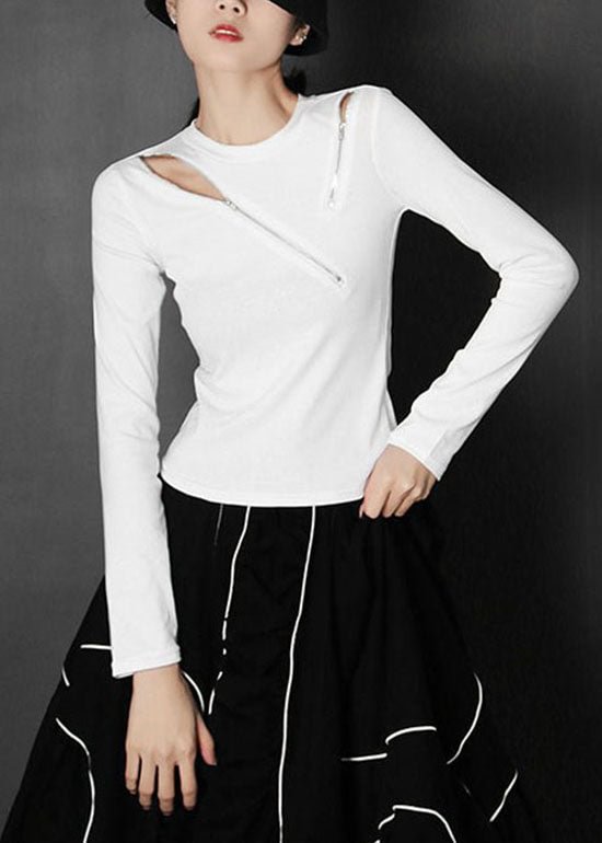 Boutique White asymmetrical design Zip Up tops Spring CK682- Fabulory