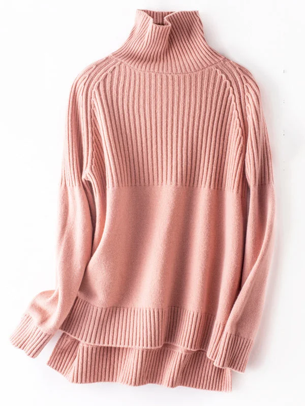 Casual Long Sleeves Loose Solid Color High-Neck Sweater Tops