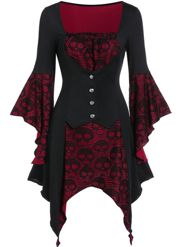 Halloween Skull Back Lace-up Paneled Buttoned Dress
