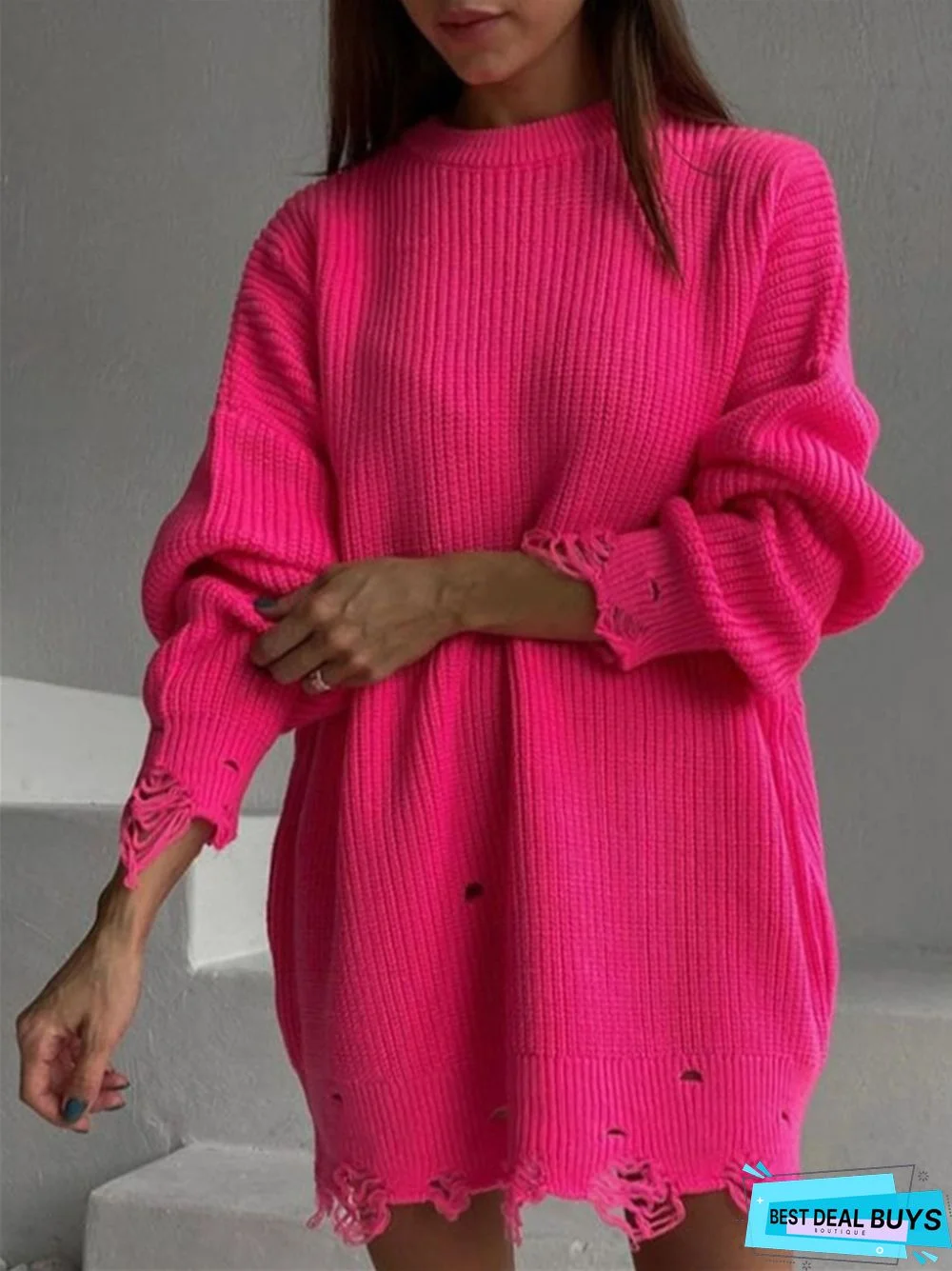 Temperament Commuting Long Sleeve Round Neck Thick Needle Hem Irregular Knitting Sweater Dress