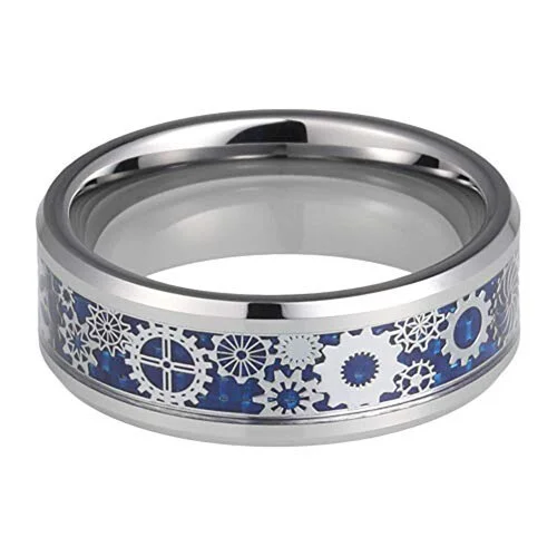 6MM 8MM Women's or Men's Tungsten Carbide Wedding Watches Gear Rings Blue Carbon Fiber Inlay Silver with Silver Mechanical Gears