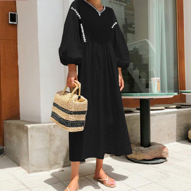 2021 summer new ladies bohemian long dress round retro lantern flower sleeve banquet long dress long dress holiday dress female