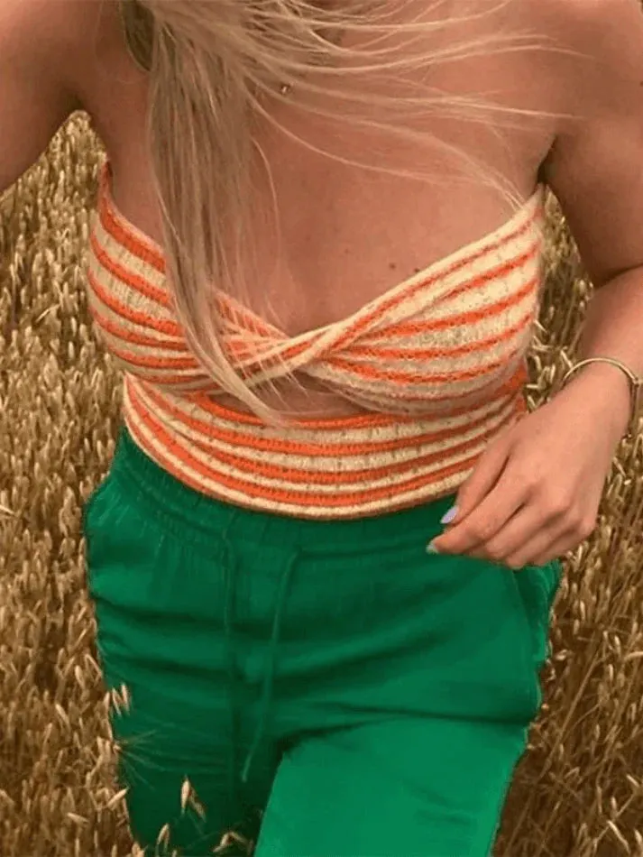 Brownm Twist Cutout Striped Knit Crop Bandeau Top