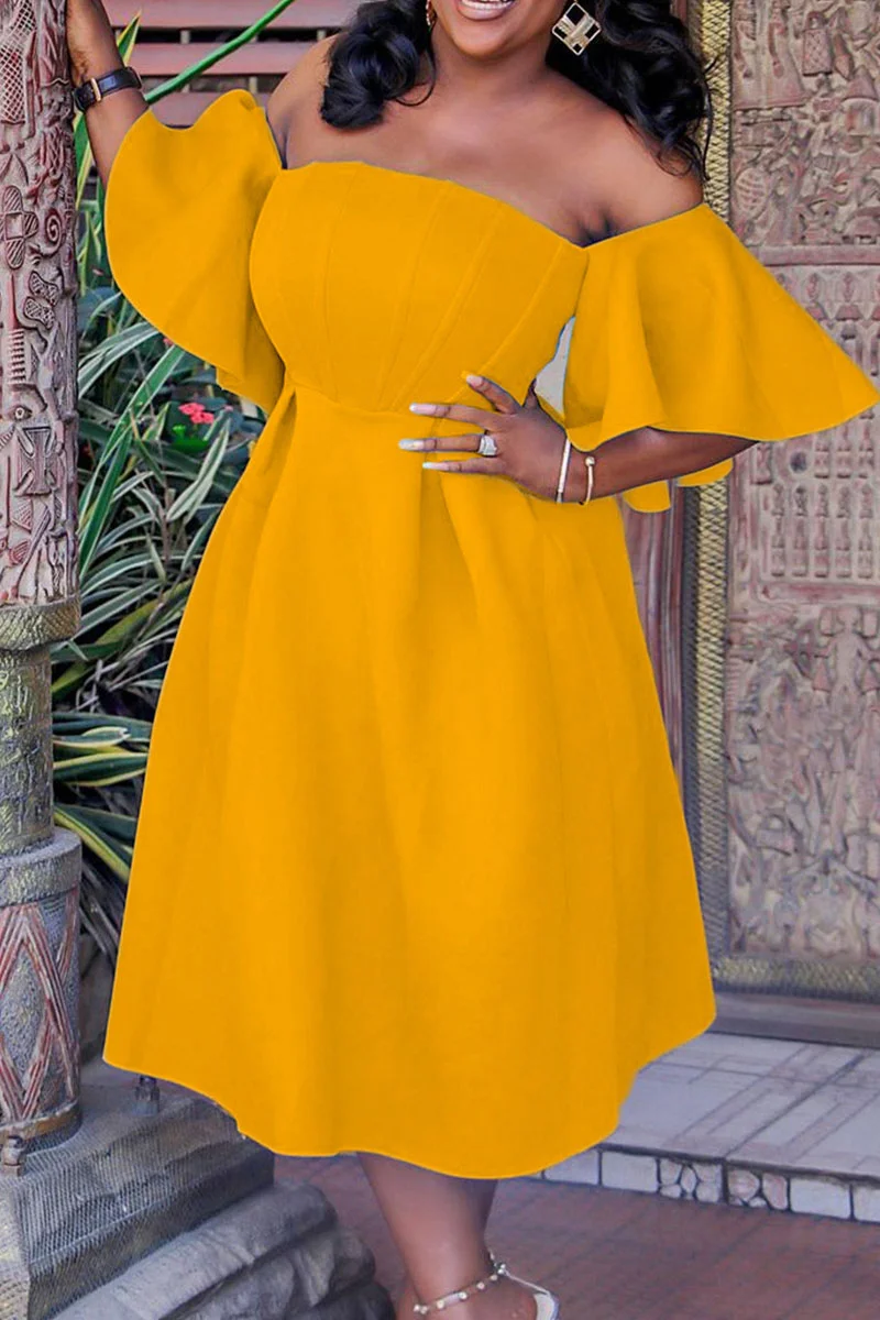 Yellow Elegant Solid Patchwork Off the Shoulder Evening Dress Dresses | EGEMISS