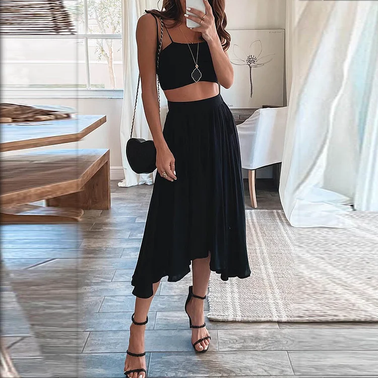 Casual Solid Color Suspender Skirt Two Piece Set