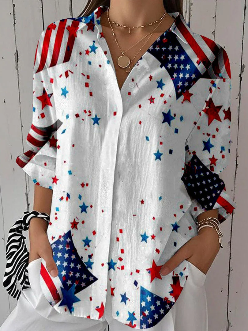 Women 3/4 Sleeve Shirt Collar National Flag Striped Printed Graphic Button Tops