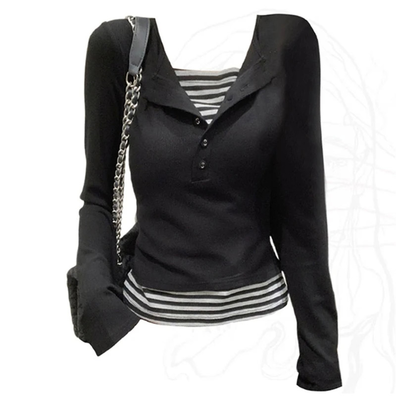 Nulclover fall tops Striped Patchwork Women T-Shirt Street Fashion Square Collar Long Sleeve Female Top 2025 Spring Casual Slim Thin Knit Lady Shirt Tops
