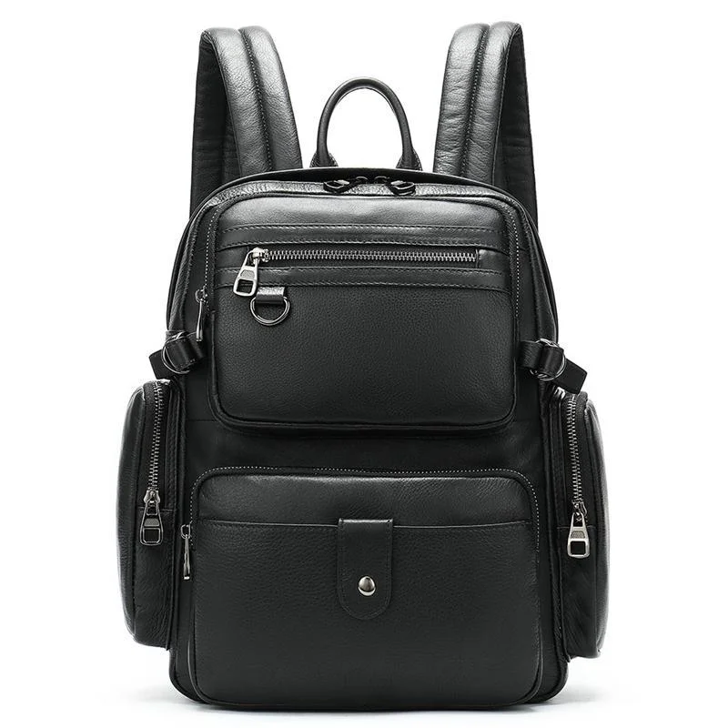 Men's Leather Backpack Large Capacity Computer Bag Retro Style School Bag