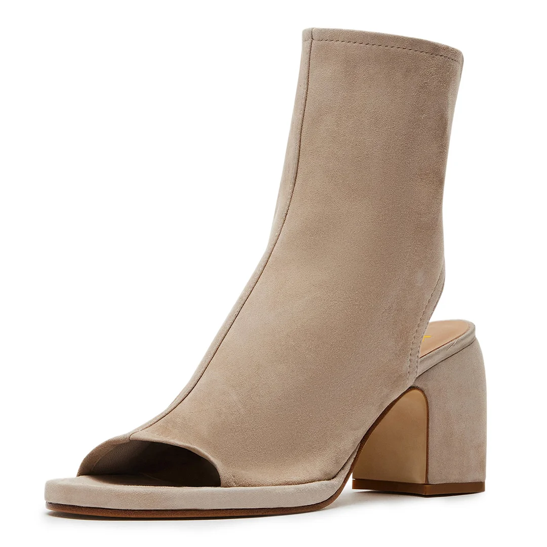 Beige Faux Suede Open Toe Cut-Out Side-Zip Ankle Boots for Women  