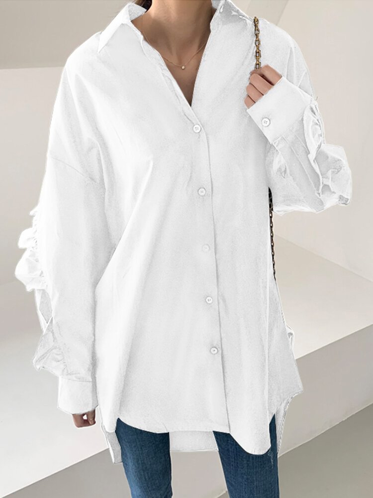 Solid Color Long Sleeve Lapel Collar Ruffled Asymmetrical Blouse For Women P1773822