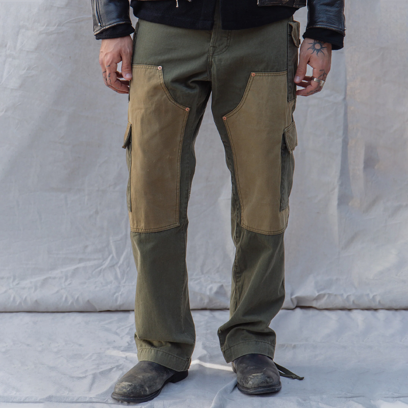 Men's Olive Green Paneled Batik Double Layer Cargo Pants