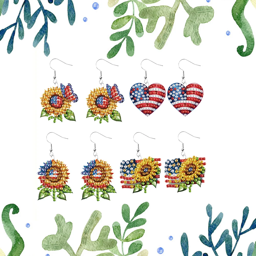 4 Pairs Double Sided Sunflower Flag Diamond Painting Earrings for Women Girls
