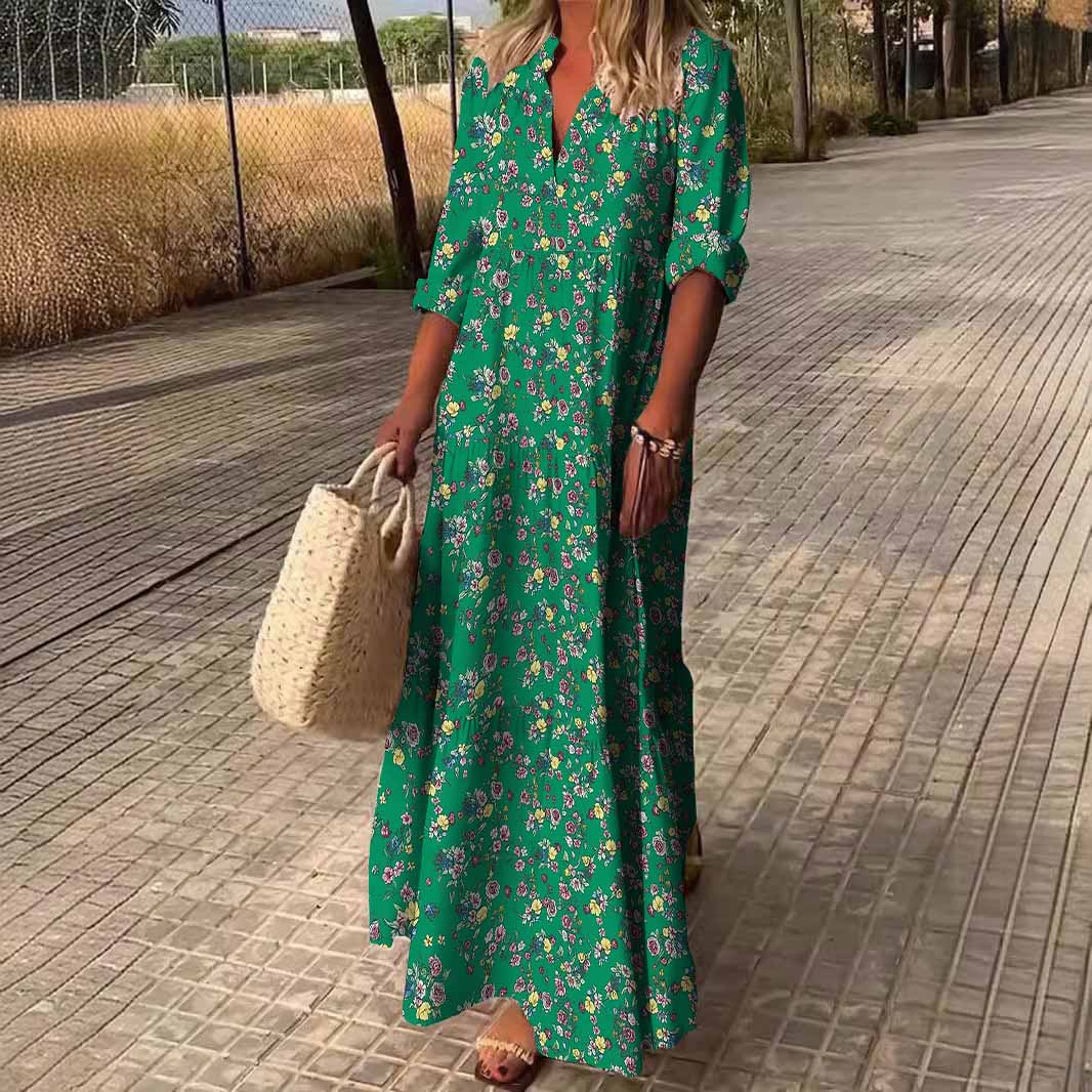 Women Floral, Green, Red DZDN0811 SPU Printed Long Sleeve V-neck Maxi Dress