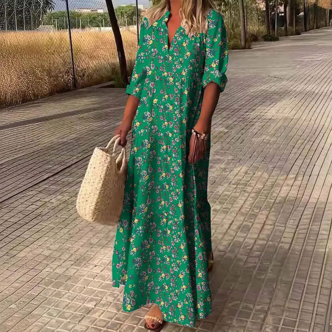Women Floral, Green, Red DZDN0811 SPU Printed Long Sleeve V-neck Maxi Dress