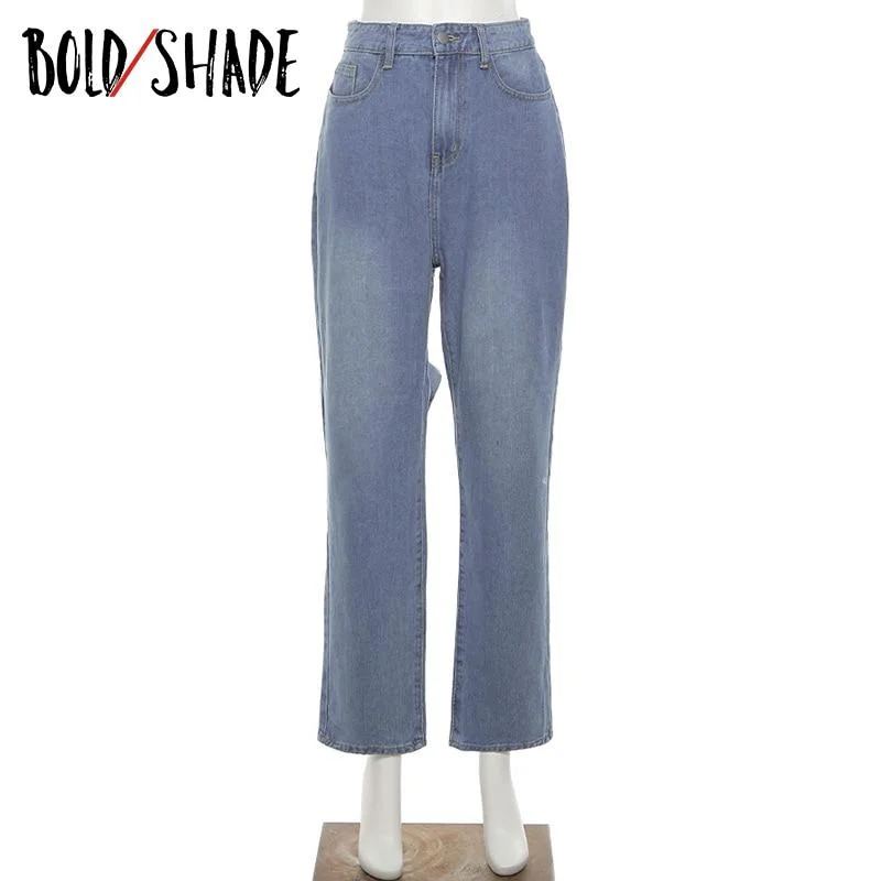 Bold Shade Grunge 90s Style Streetwear Jeans Ripped High Waist Solid Casual Women Denim Jeans Skater Style Vintage Bottom Winter