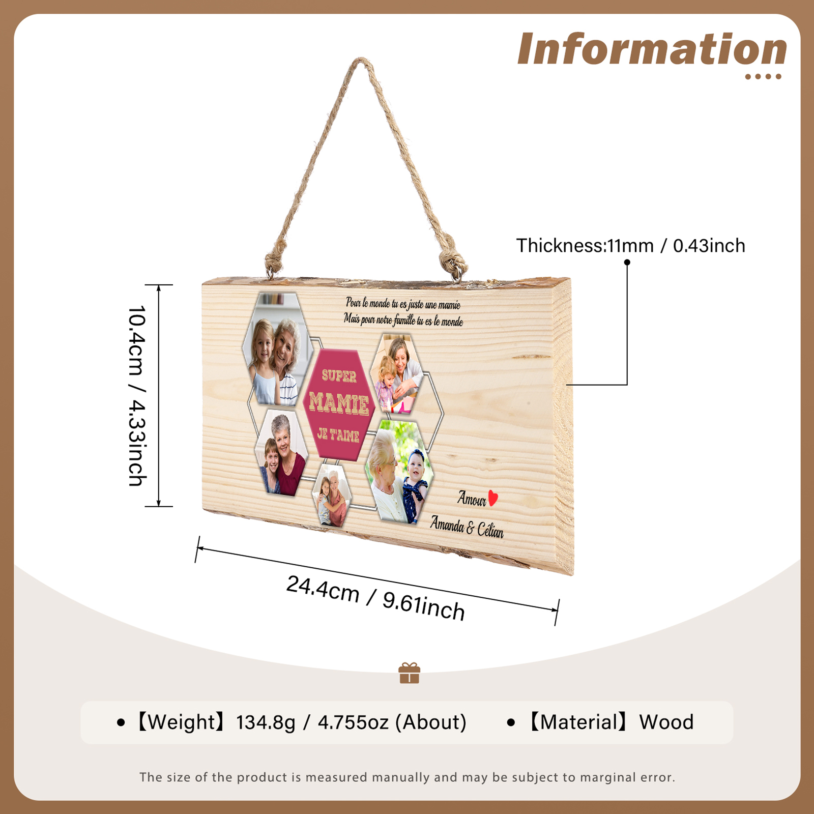 À ma Mamie - Décoration en bois 2 Prénoms et 5 Photo Personnalisés Peinture Décorative
