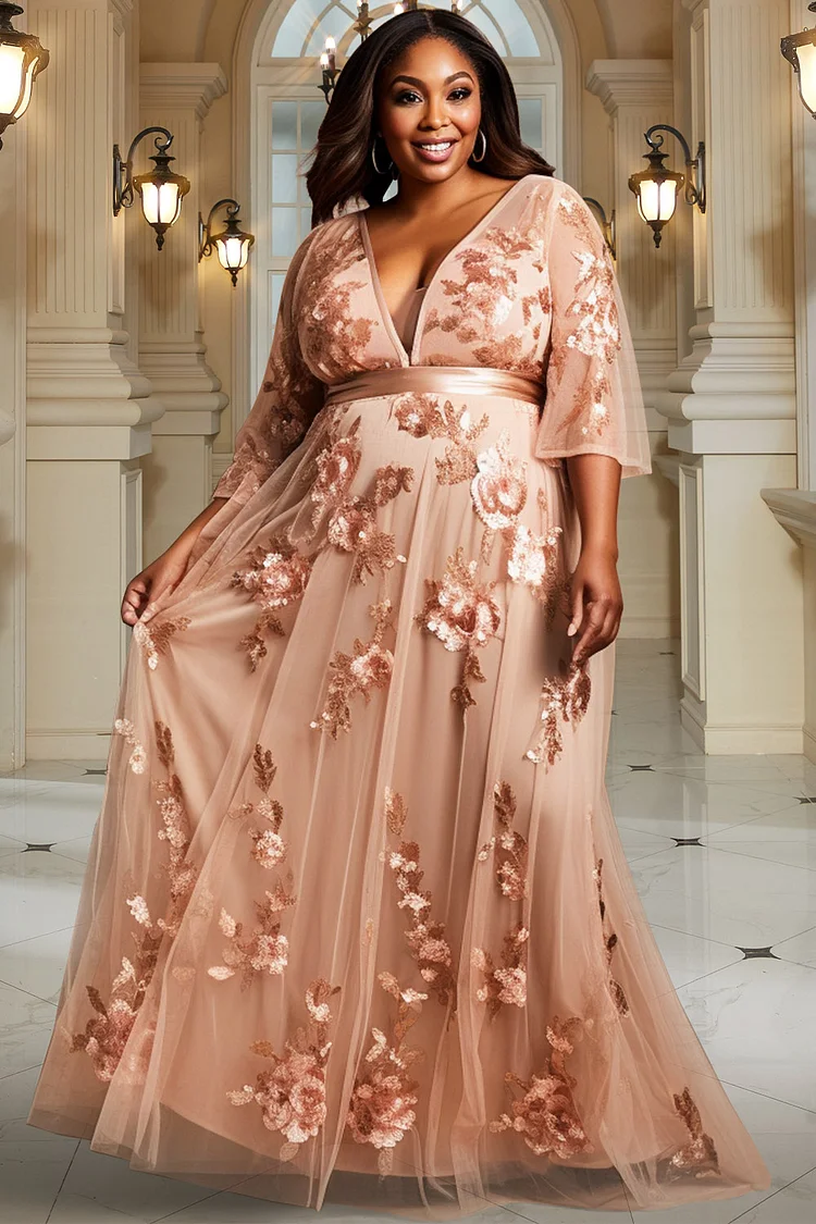 Xpluswear Design Plus Size Mother Of The Bride Sequin Rose Gold V Neck Tulle Maxi Dresses [Pre-Order] 2024 - Xpluswear