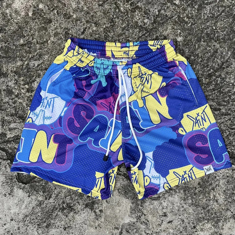 Street Sports Saint Graphic Drawstring Mesh Basketball Shorts SOPULA