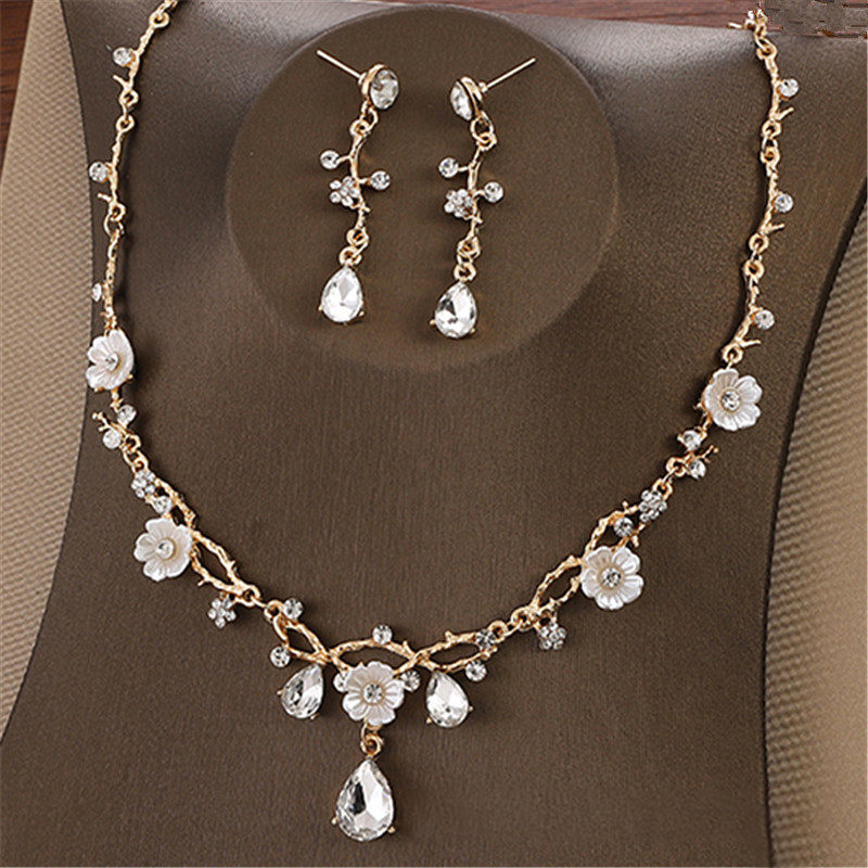 Wedding Silver Rhinestone Alloy Necklace Earrings Two Piece Jewelry Set 2024 - Flycurvy 