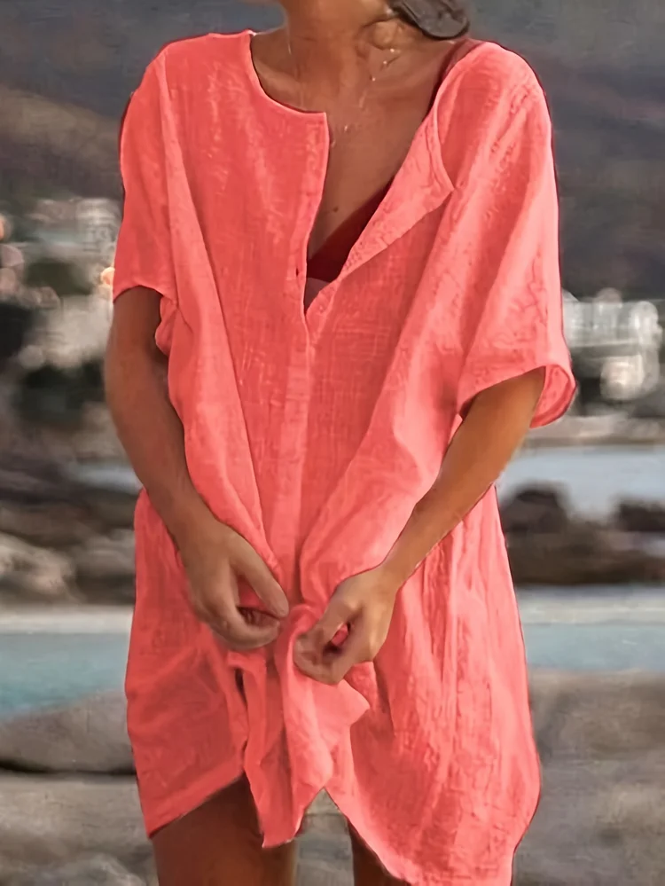 Wrinkle-Resistant Women's Casual Button-Shirt | Non-Transparent Beach Blouse, Easy-Care Machine Washable Vacation Top For Women In Coral Pink - Summer Outfits For Travel, Office, Parties, Beach T Shirt, Party Attire, Relaxed Fit, Breathable Material