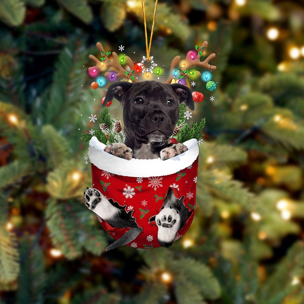 Black American Staffordshire Terrier In Snow Pocket Christmas Ornament