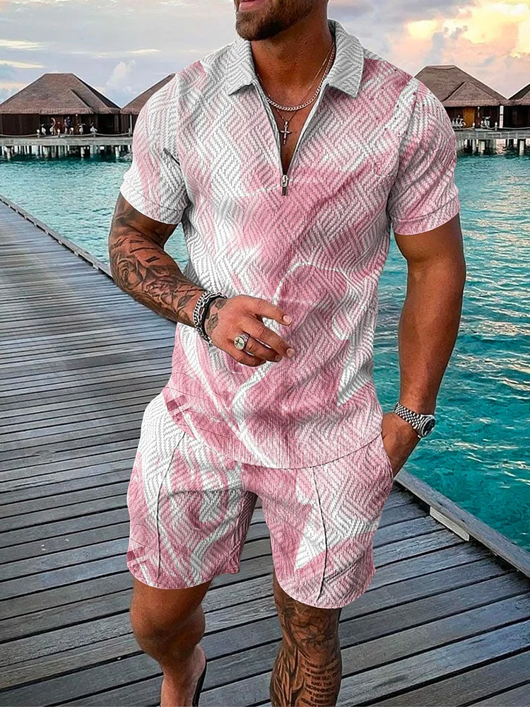 Men's Resort Pink Print Polo Suit