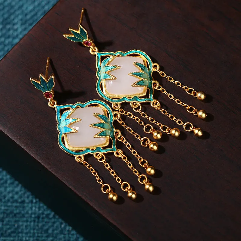 Chinese Style White Jade Luck Ethnic Drop Dangle Tassel Earrings