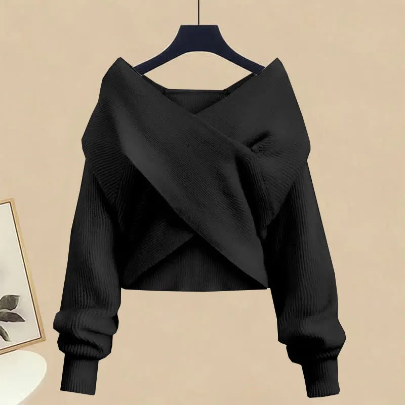 Chic Cross Knit Crop Sweater Casual Suit Pants