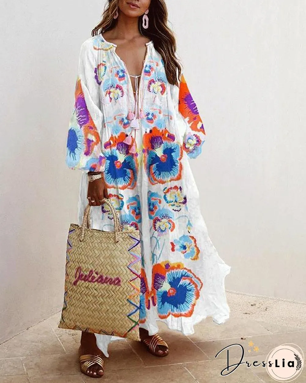 Plus Size Dress Balloon Sleeves Boho Printed Maxi Dresses