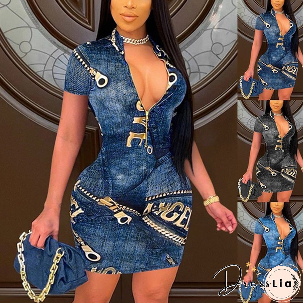 Summer New Fashion Women's Short Sleeve Vintage Printed Casual V-Neck Dress Loose Plus Size Summer Zipper Print Dress