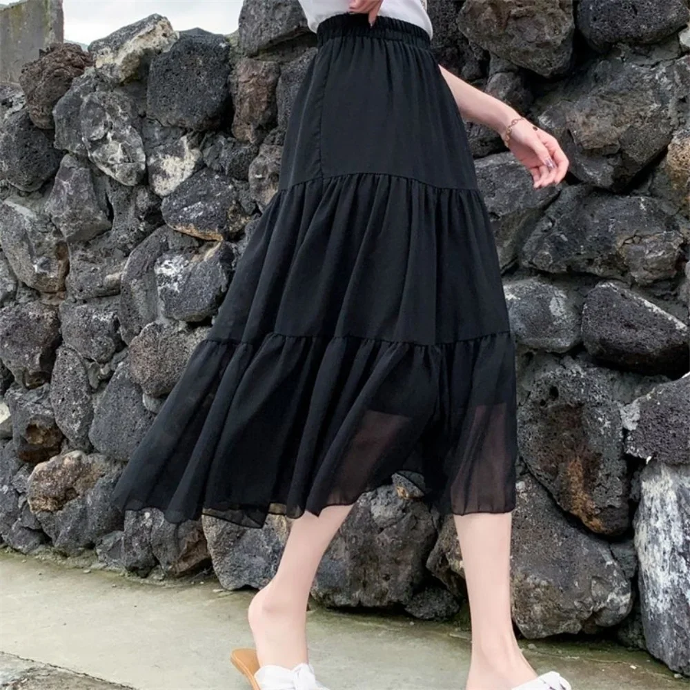 Conclear 2025 Summer Women Chiffon Skirts Casual High Waist Elastic Patchwork Fashion White Black Midi Length A-line Student Cake Skirts