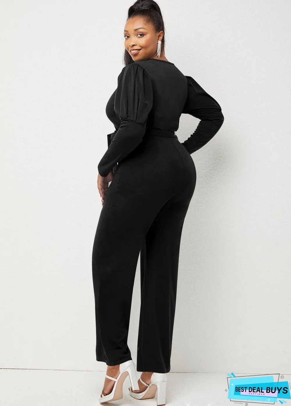 Autumn and Winter Solid Color V-Neck Bubble Sleeve Personalized Casual Wide Leg Jumpsuit