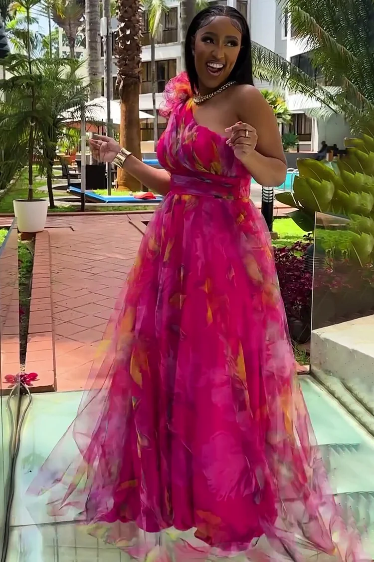 One Shoulder Rosette Floral Print Mesh Party Maxi Dresses-Fuchsia [Pre Order]