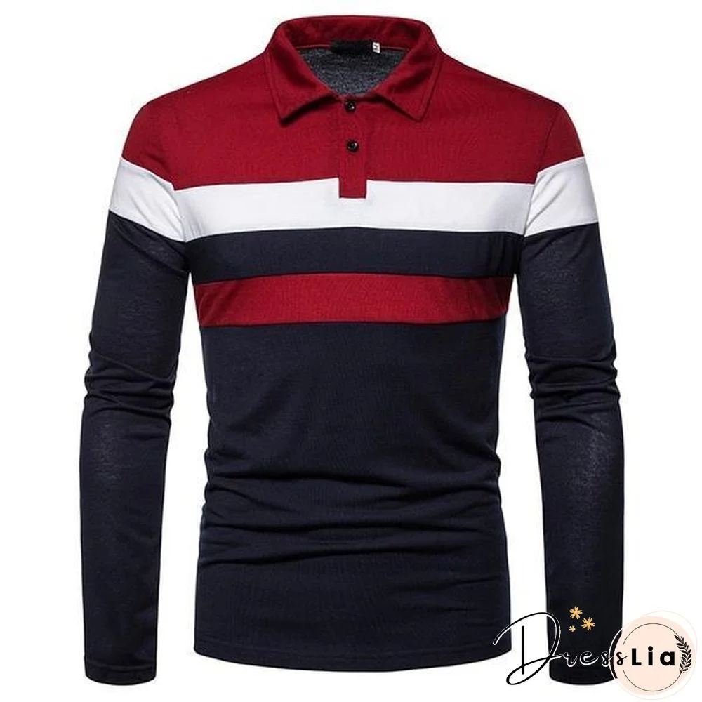 Fashion Men Lapel Long Sleeve Tri-color Striped Stitching Shirts