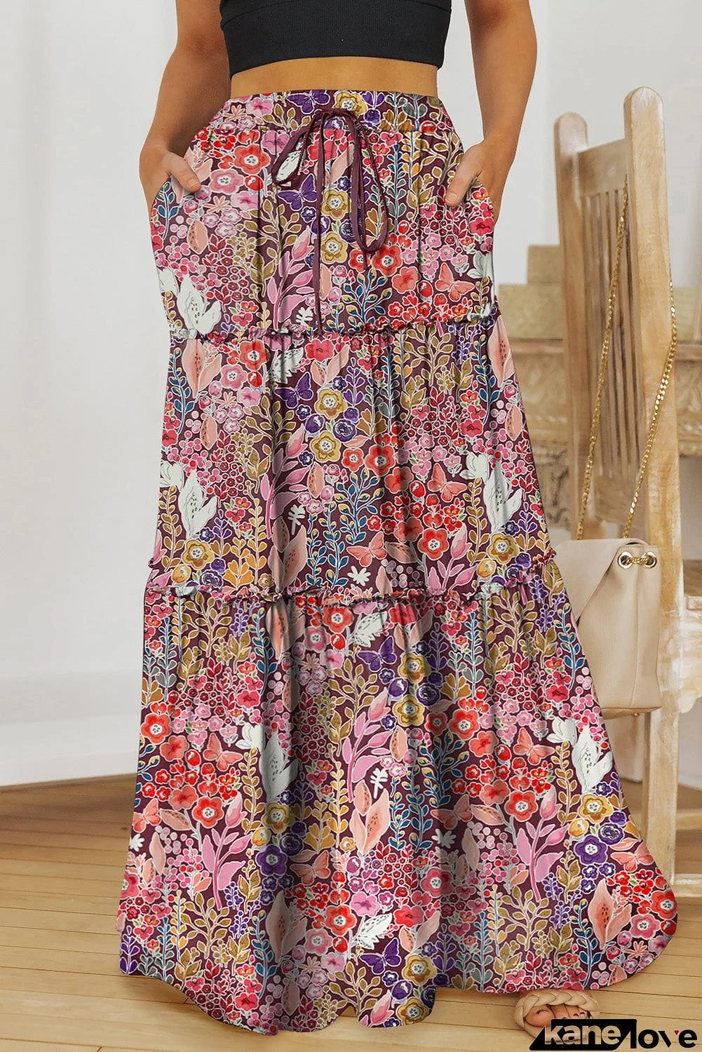 Floral Frill Trim Tiered Maxi Skirt