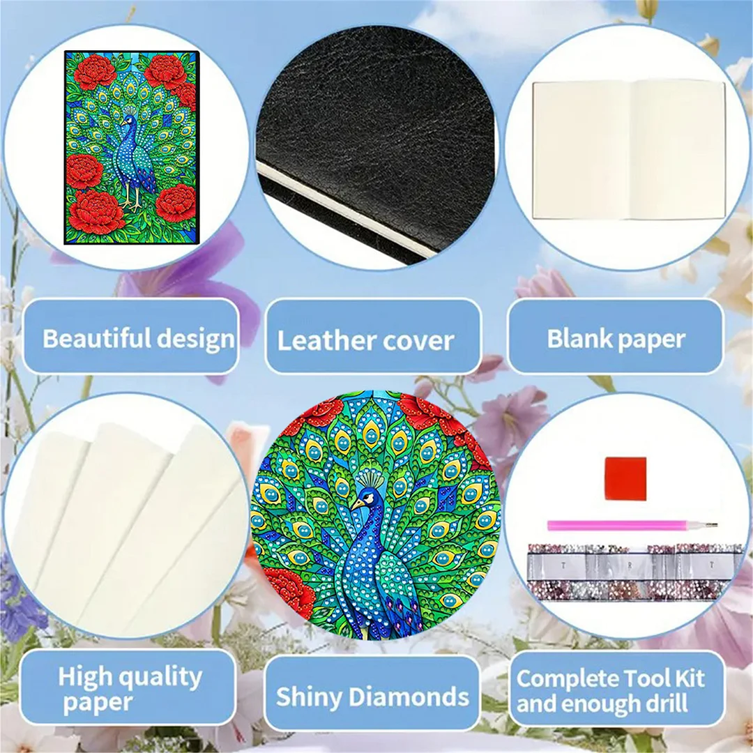 DIY Flower Diamond Painting Journals Notebooks 50 Pages A5 No Lines Special Shaped Diamond Art Kits for Beginners Craft Lovers and Artists (Peacocks)