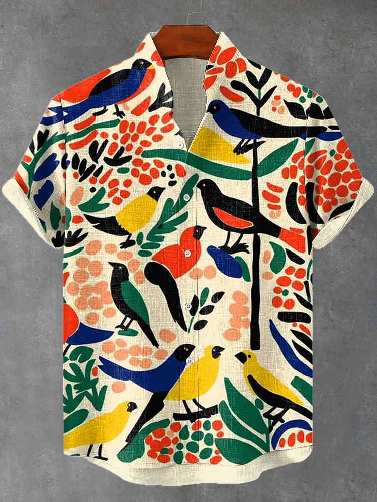 Men's Retro Boho Colorful Bird Abstract Art Print Linen Blend Shirt