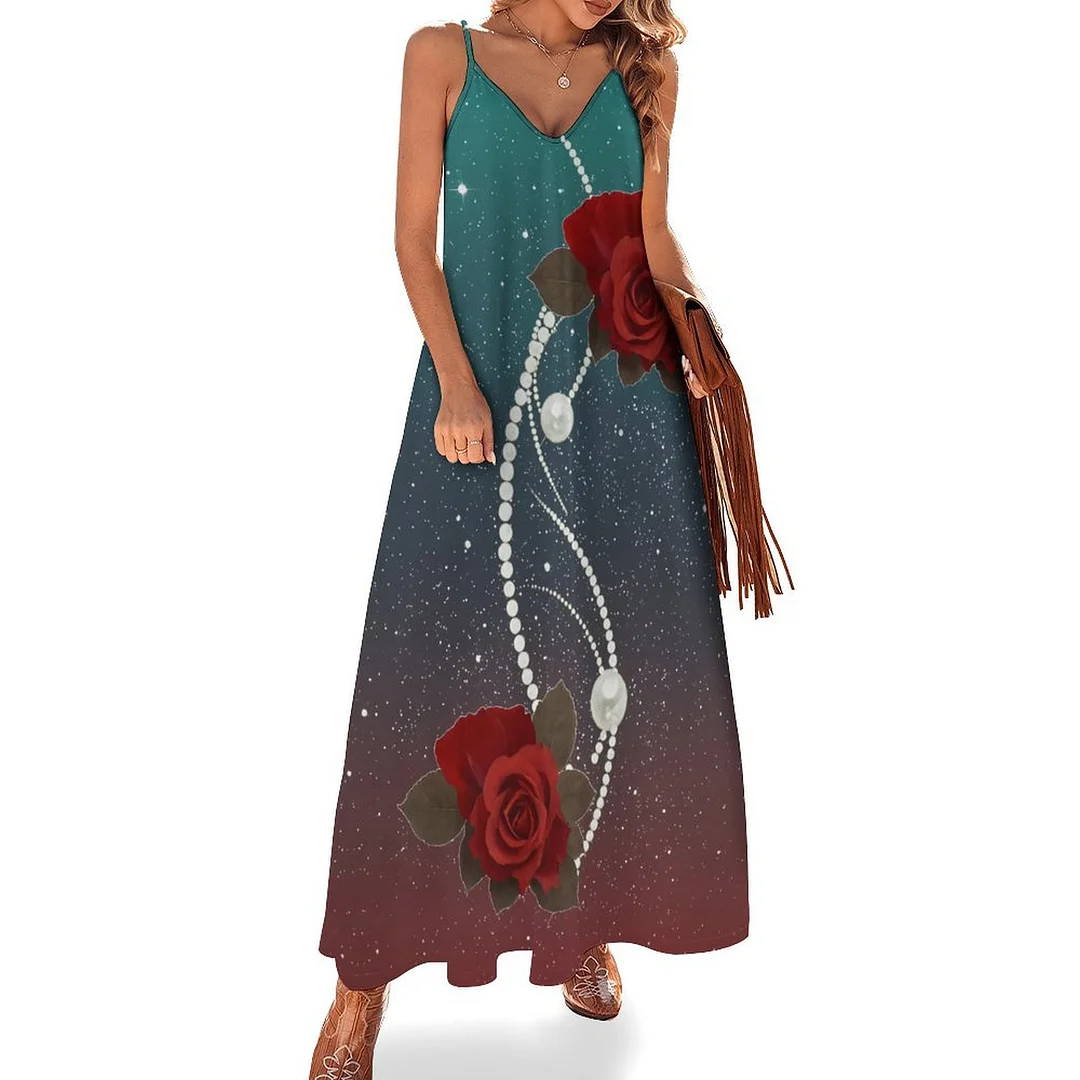 Style & Comfort for Mature Women Plus Size Printed Sling Casual Women Maxi Dress in Pattern Floral, Red, Rose, Pearl