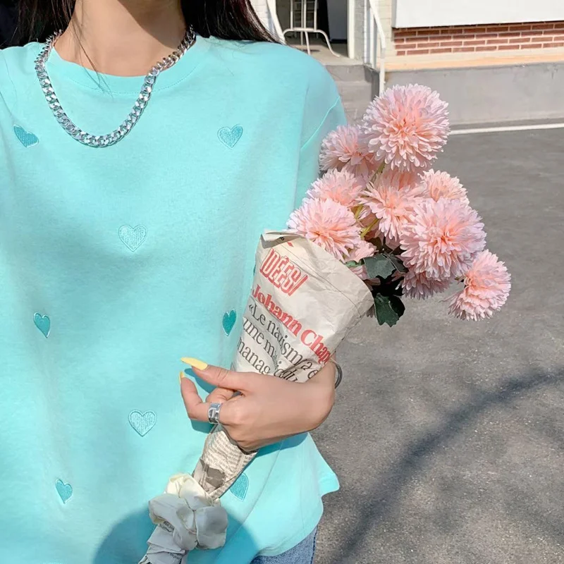 Uveng Uveng T-Shirt Women 2024 Summer Dress New Foreign Style Round Collar Love Embroidery Loose Korean Jacket Women's Clothing