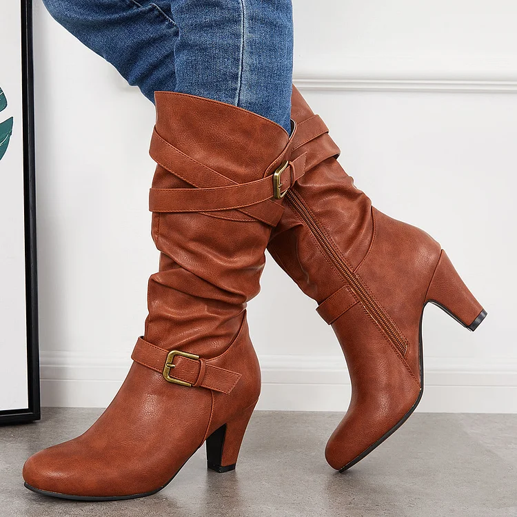 Slouchy Mid Calf Boots Chunky Block Heel Buckle Straps Winter Boots