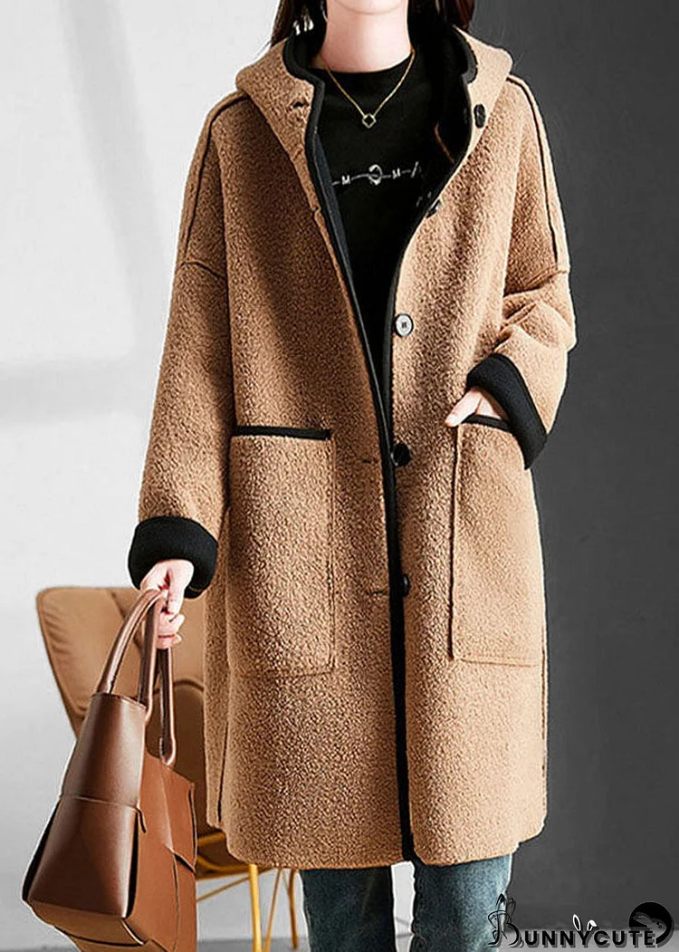 Modern Camel Patchwork Button Hoodie Faux Fur Coat Long Sleeve