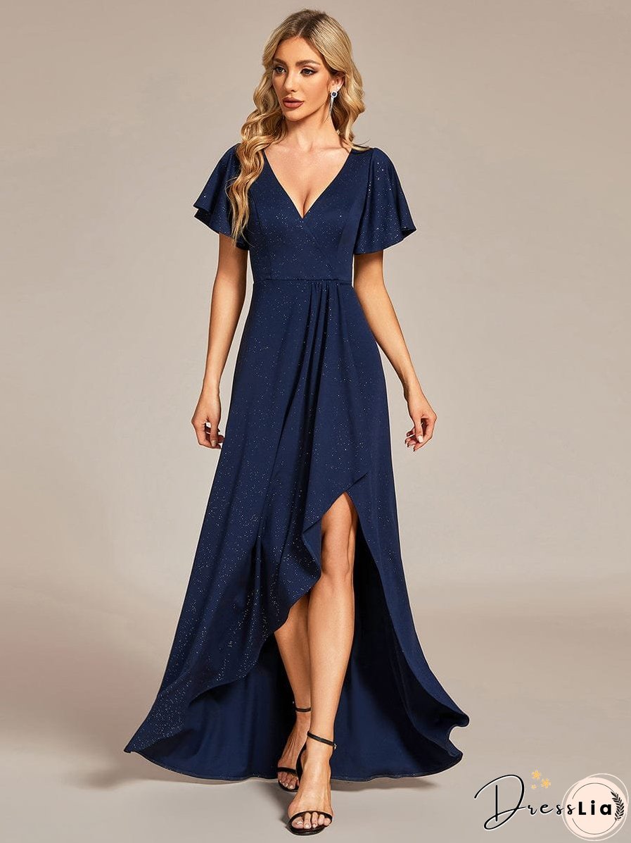 Ruffled Sleeve Tea Length Evening Dress with Side Split