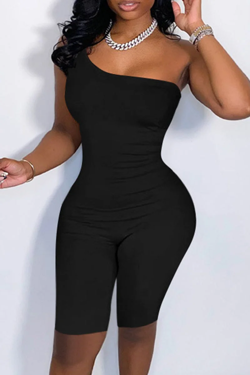 Fashion Casual Solid Backless Oblique Collar Sleeveless Skinny Romper