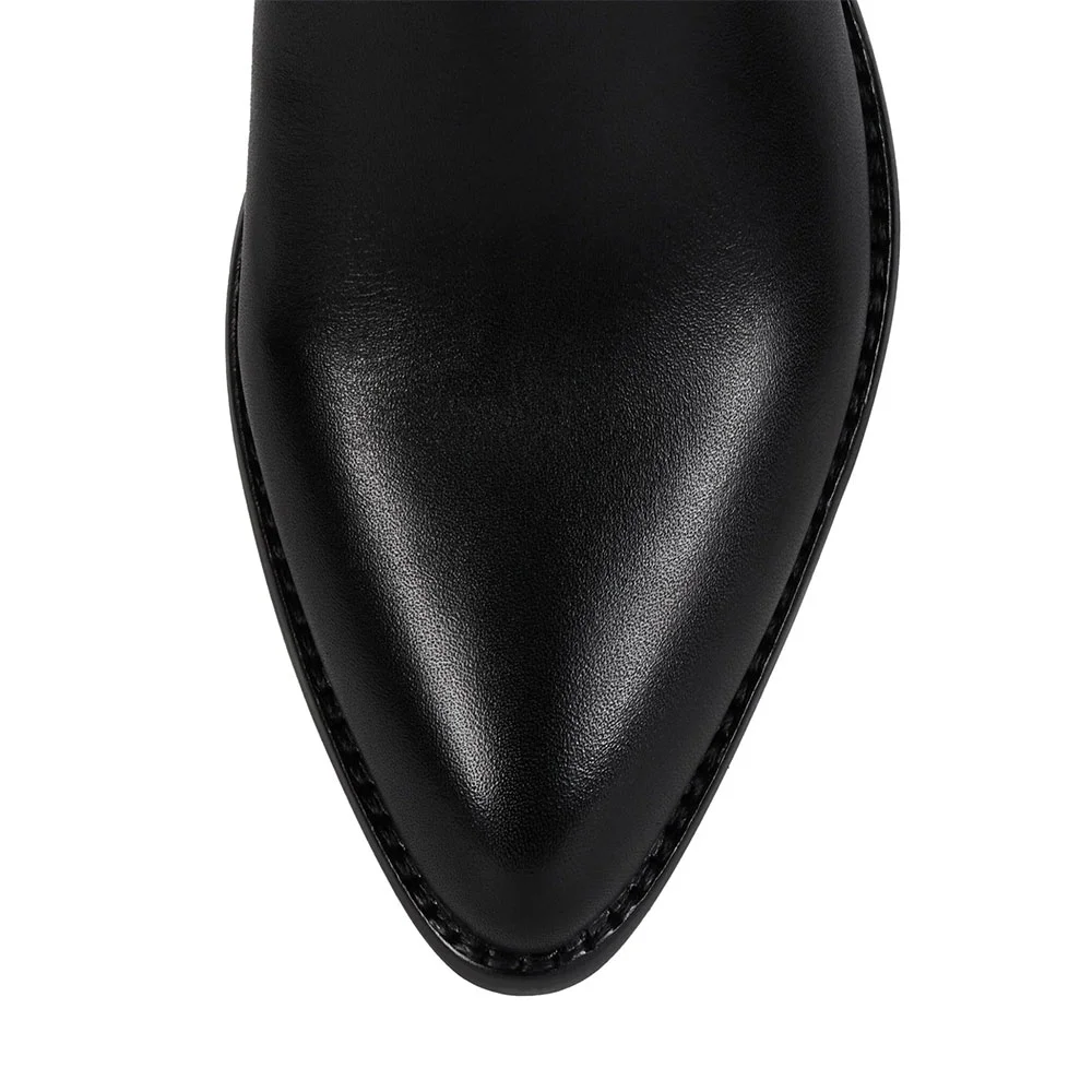 Black Faux Leather Pointed Toe Chunky Heel Pull On Cowgirl Boots