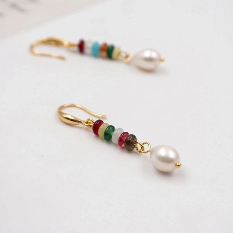 1 Pair Chinoiserie Casual Geometric Beaded Natural Stone Freshwater Pearl Copper Gold Plated Drop Earrings